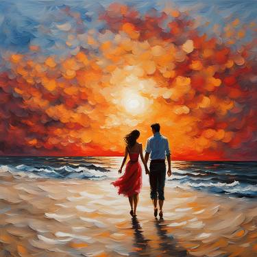 Palette knife painting of a romatic couple walking on sand thumb