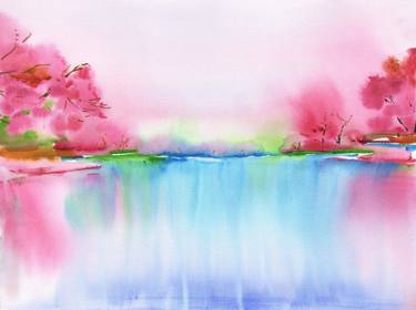 Cherry blossom garden abstract watercolor landscape thumb