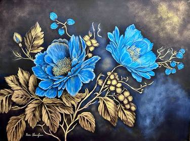 Beautiful Blue Flowers with Gold Leaves- Acrylic Painting thumb