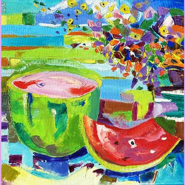 Watermelon Oil Painting Still Life Original Food Artwork 3D thumb