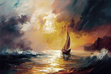 sailboat at sea painting & orange sunset, canvas prints thumb
