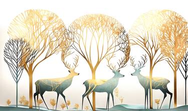 Gold trees and deer, Abstract pastel colors, canvas art prints thumb