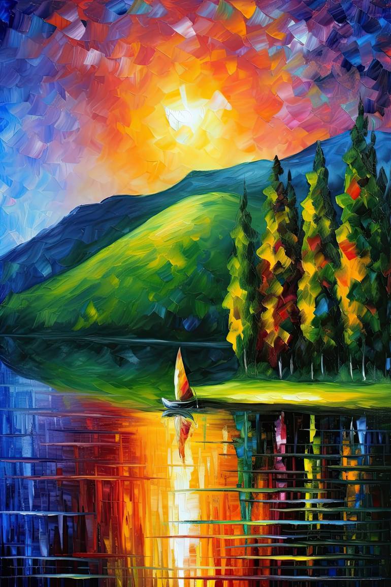 mountain lake sunset painting