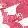 Close-up of the drawing “Obey” in red colour