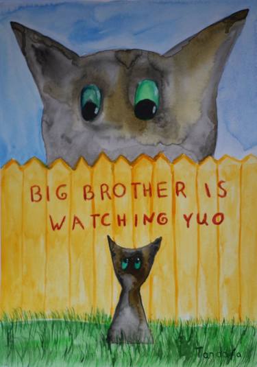 Big brother is watching you Original watercolor painting cat art thumb
