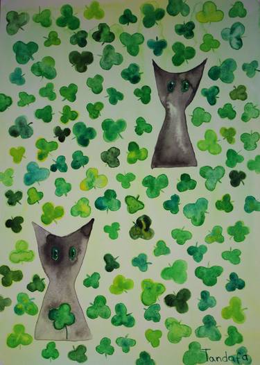 If you find a four leaved clover. Original watercolor Cats thumb
