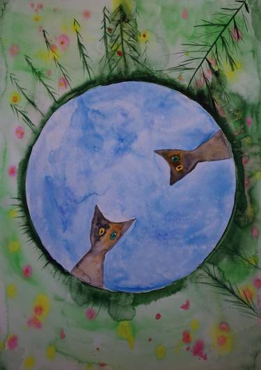 World is round Cats science Original watercolor painting thumb