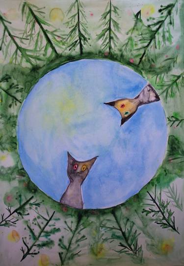 World is round Original watercolor painting. Cats thumb