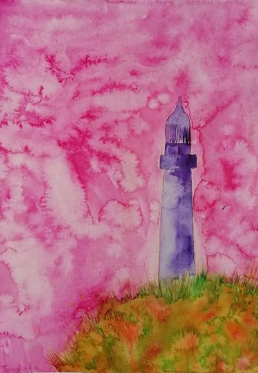 Watercolor Lighthouse in pink cloud planet thumb