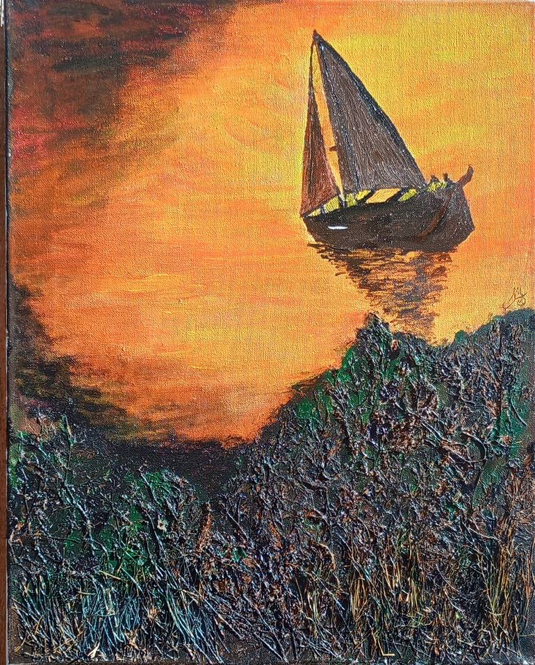 Original Boat Painting by Susan Maithya | Contemporary Art on Canvas | Boat in the Sunset