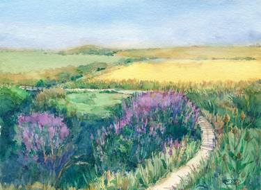 Scottish summer landscape with wheat and heather fields thumb