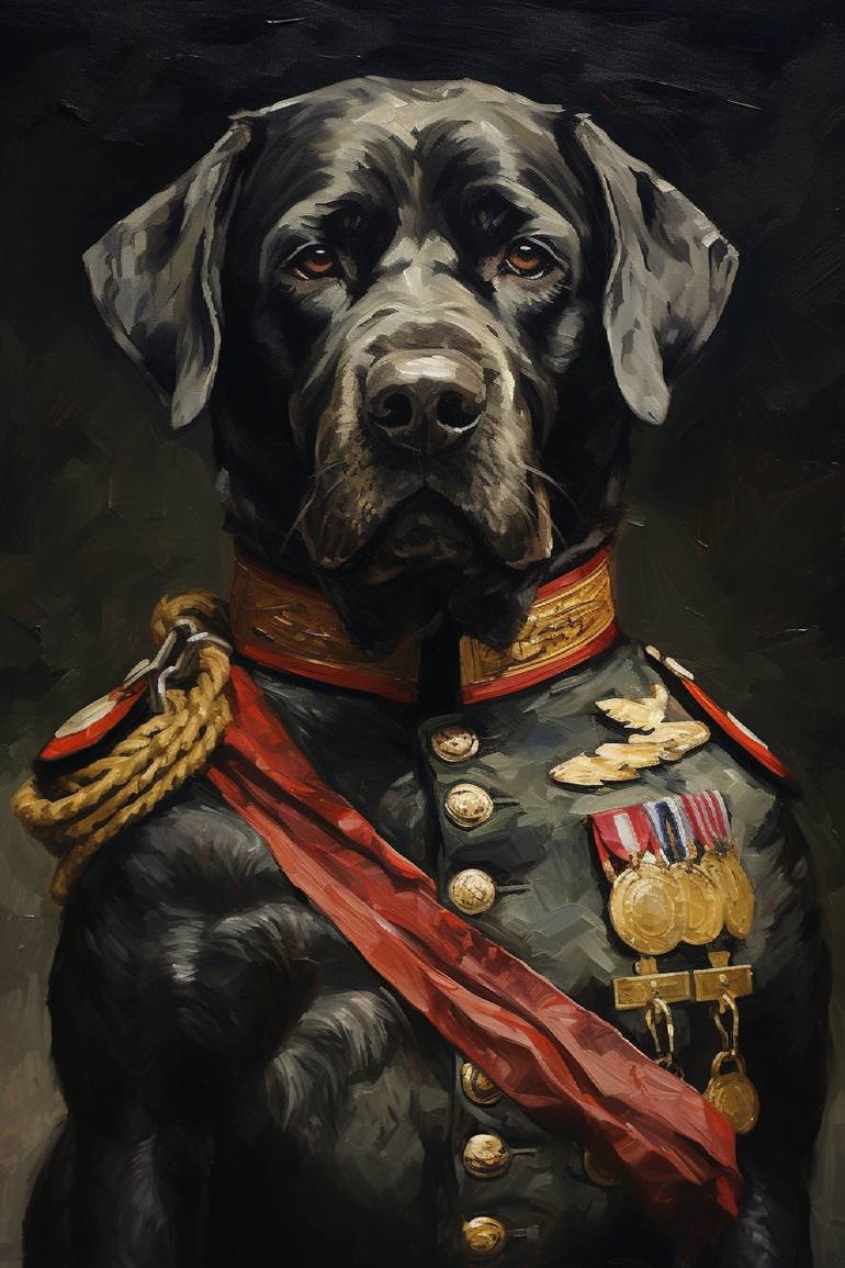 a portrait of a dog dressed in military uniform - Print