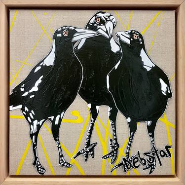 ‘Cheeky Magpie! Huddle’ 33.5cm square Framed Magpie Urban Pop Art thumb