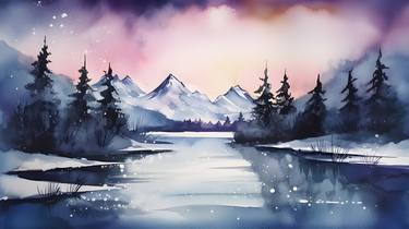 Frozen Lake Magic -  Watercolor and Acrylic Art thumb