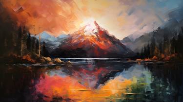 Mountain Lake Sunset: A Breathtaking Oil Painting thumb