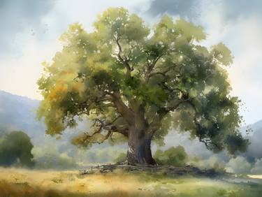 The Grand Oak Tree: A Watercolor Painting of the Seasons thumb