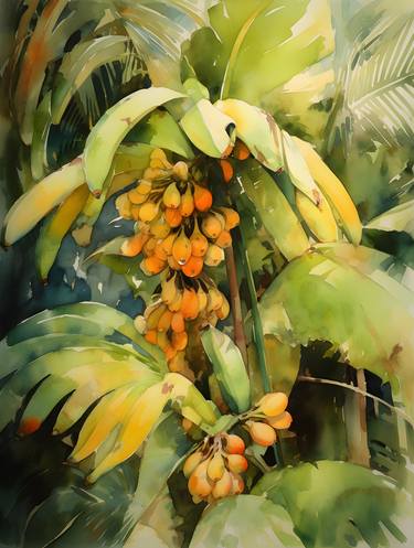 A Watercolor of Ripe Bananas and Palm Leaves in the Tropics thumb