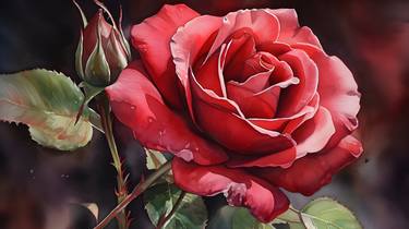 Elegance in Red - A Velvety Rose Blossom in Watercolor thumb