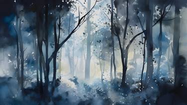 Abstract Watercolor Art of a Tranquil Forest [40x22] thumb