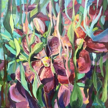 «Floral  garden.Pink Orchids with foliage". Oil paint on canvas. thumb