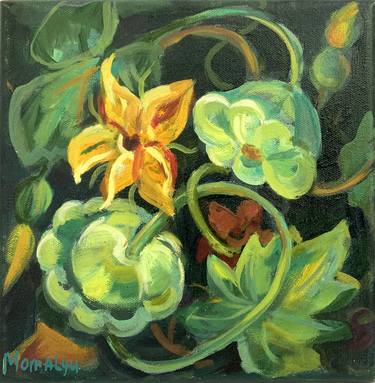 Patisson curls. Ornate plants. Miniature  oil painting. thumb