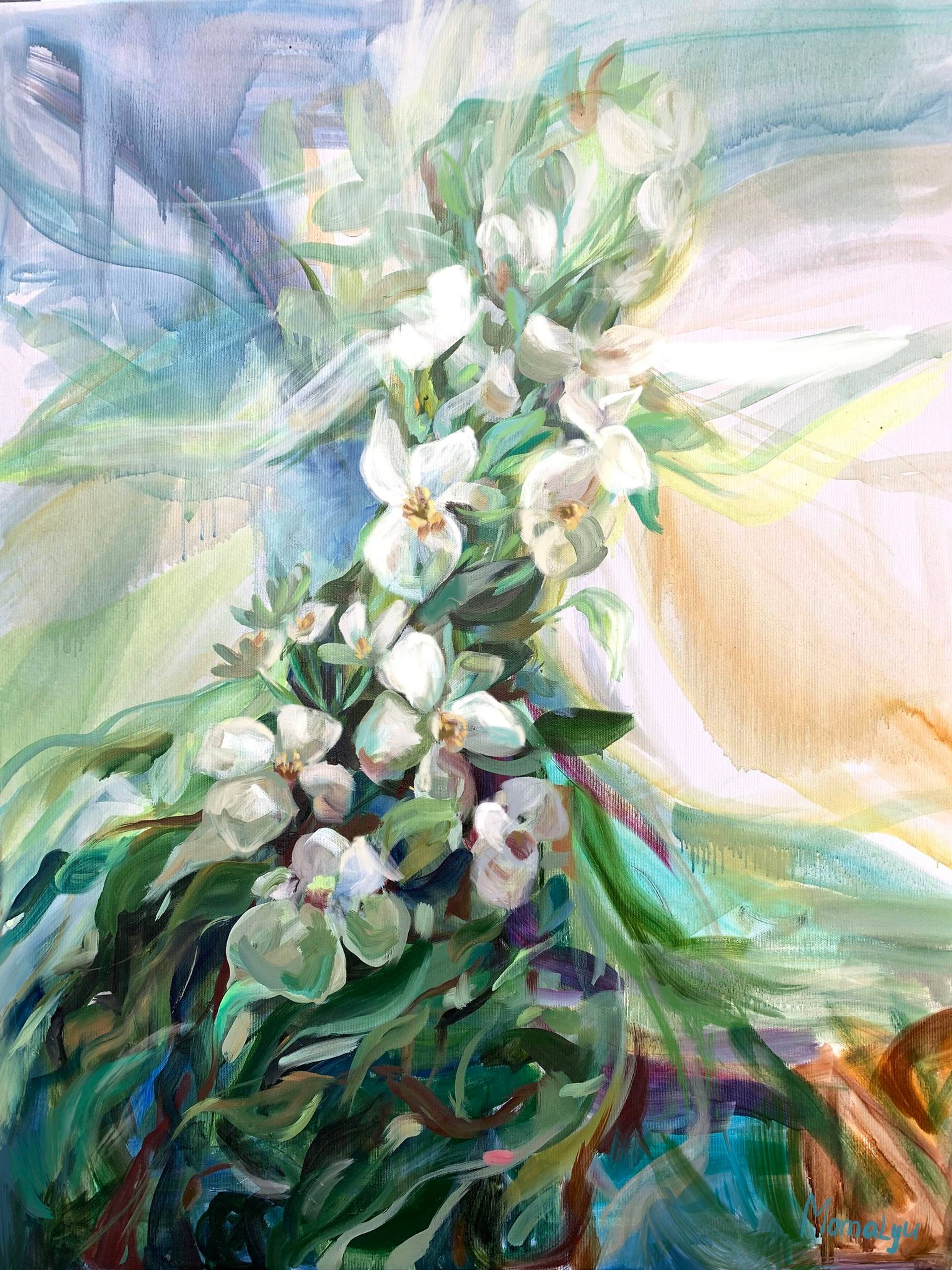 The magic of Jasmines. Foliage Original oil painting on canvas