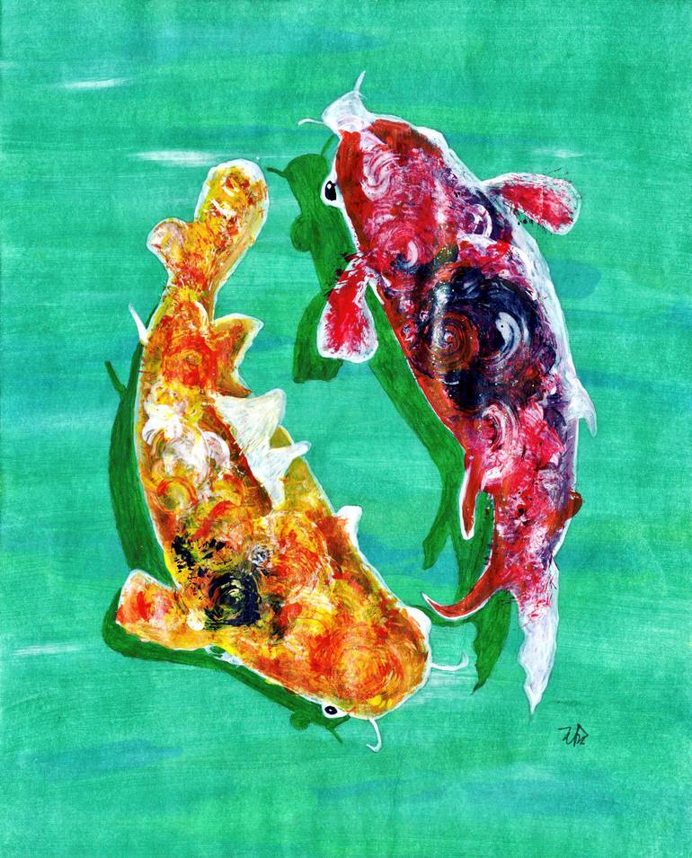 Koi Fish Pond with a Little Turtle by Diana Malivani (2021) : Painting Oil  on Canvas - SINGULART