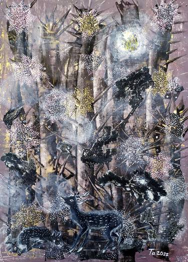 Moon Deer and Fawn in night forest thumb