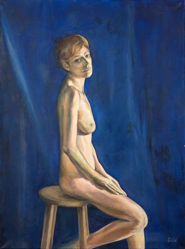Nude model on blue background thumb