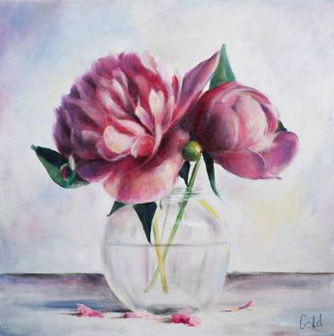 Peonies in a glass vase thumb