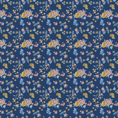 Blue Background Embroidery Thread Effect Repeated Floral Pattern thumb
