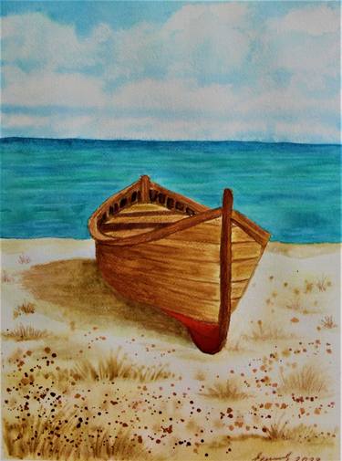 Old wood boats paintings, old boat paintings, Fishing boat prints, seascape  painting, boat reflections paintings, water reflection paintings