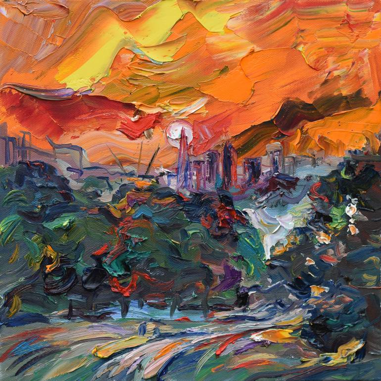 Original Sunset Painting by Natasha Chilingirova | Expressionism Art on Canvas | Auburn Sunset Over the City