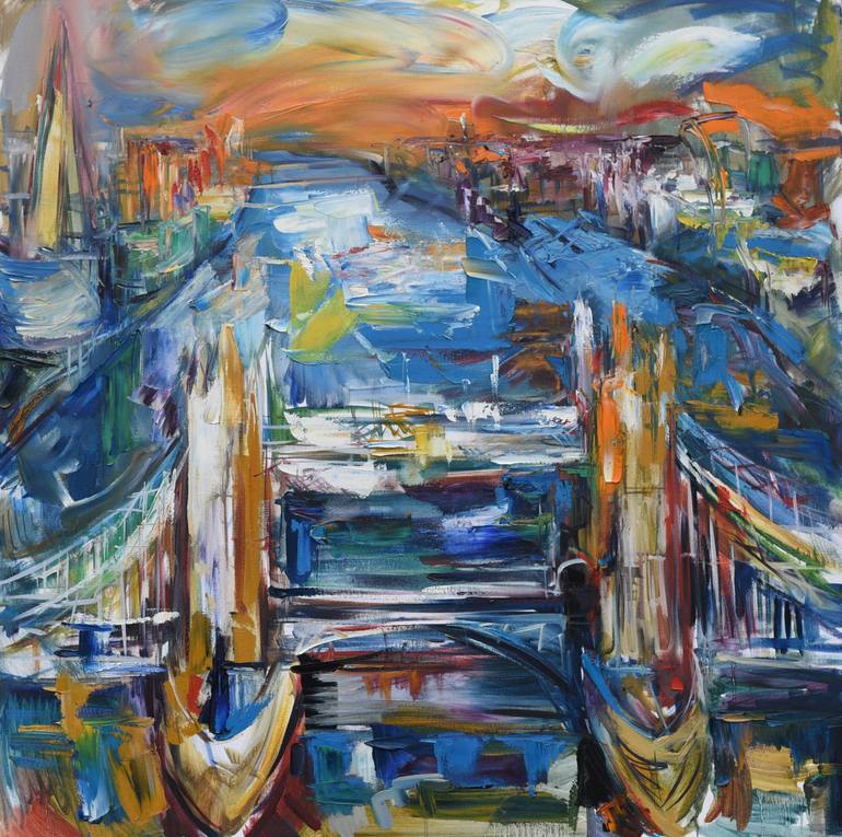 Original Architecture Painting by Natasha Chilingirova | Expressionism Art on Canvas | Tower Bridge in Blue and Gold