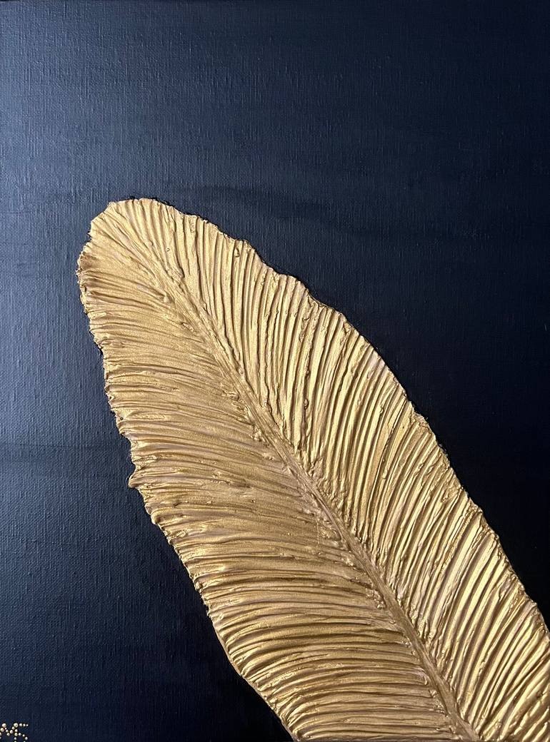 Golden leaf on black canvas. 3d Art. Painting by Maryna Bailina