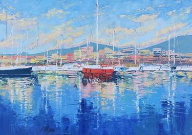 HARBOR OF DREAMS landscape with sea yachts and sailing boots thumb