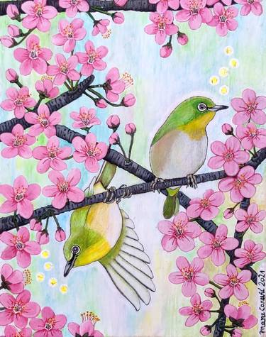 Japanese White Eye, singing in the Cherry Tree. "Birds" series. thumb