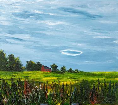 Landscape with a circle in the sky and a brick house thumb