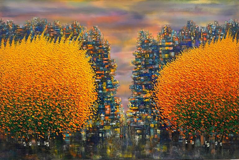 Original Landscape Painting by Trong Thuong Tran | Impressionism Art on Canvas | Sunset over the street