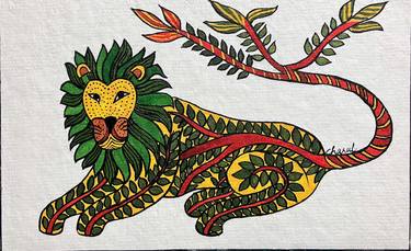 Nature's Majesty: Gond Art Lion with Foliage Mane thumb