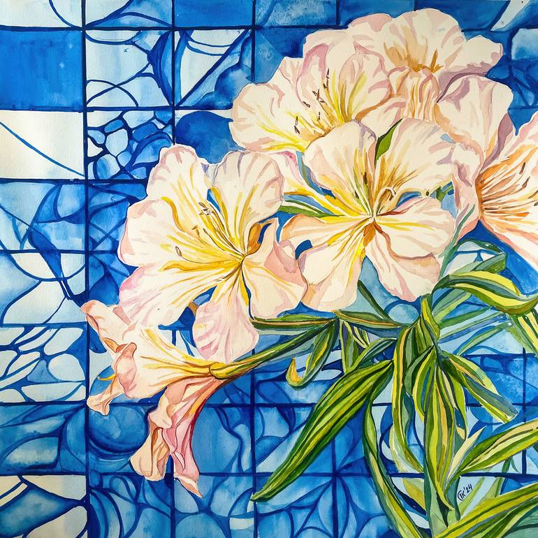 Original Botanic Painting by Irina Kurganskaya | Conceptual Art on Paper | "Light Pink Oleander - Floral Heritage: Portugal in Bloom"