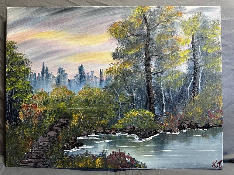 Birch 2024 Tree Grove By A Silver Lake- Bob Ross Style, Acrylic Painting on 16x20 Stretched Canvas