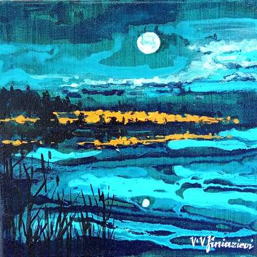 NIGHT ON THE LAKE,seascape painting on canvas,miniatures thumb