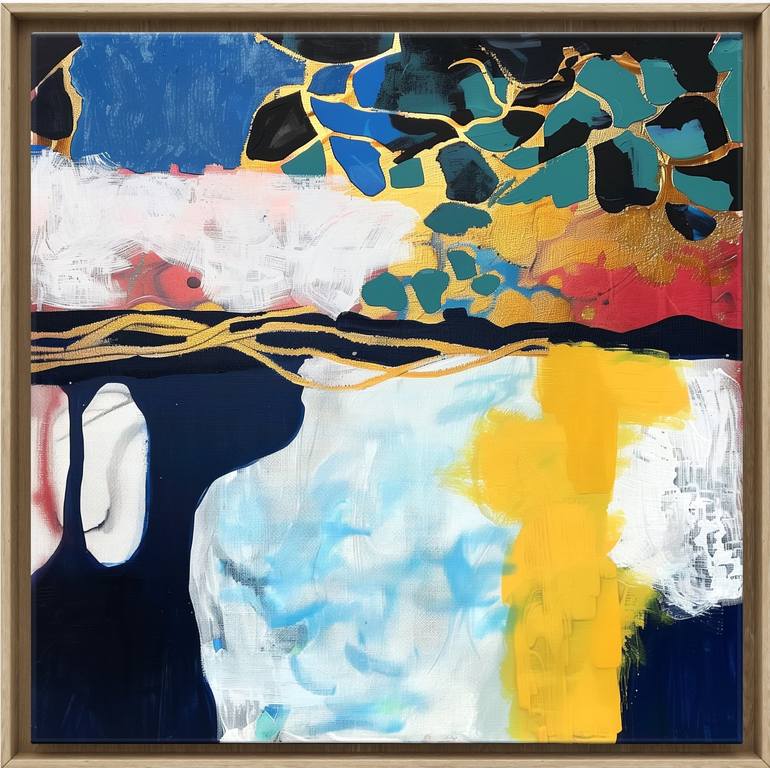 Golden Artery #1, square blue golden abstraction Original Painting by valentyna kniazieva