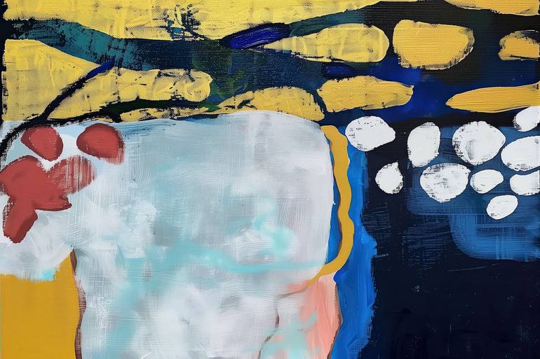 Golden Artery #4, large river blue yellow golden abstraction Original Painting by valentyna kniazieva