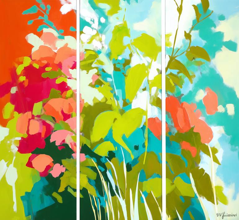 When the rays touch the leaves #4 floral modern abstraction Original Painting by valentyna kniazieva