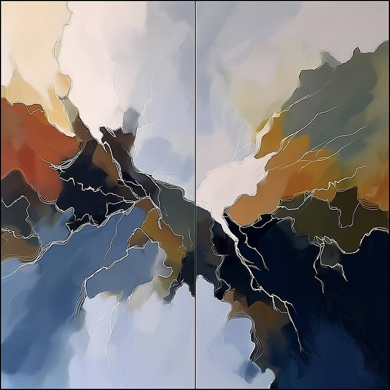 Roots of universe #3, Muted dark blue-grey square abstraction Original Painting by valentyna kniazieva