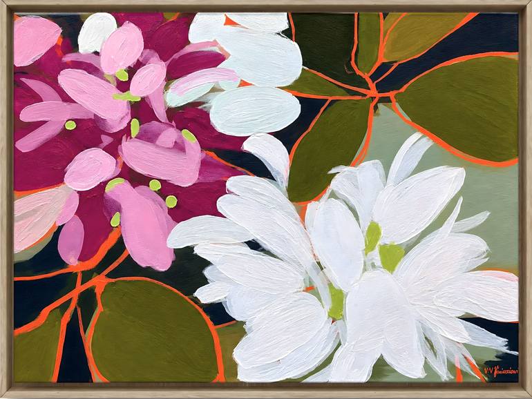 Original Floral Painting by Valentyna Kniazieva | Abstract Art on Canvas | Laughing Flowers #2, pink white flowers abstraction