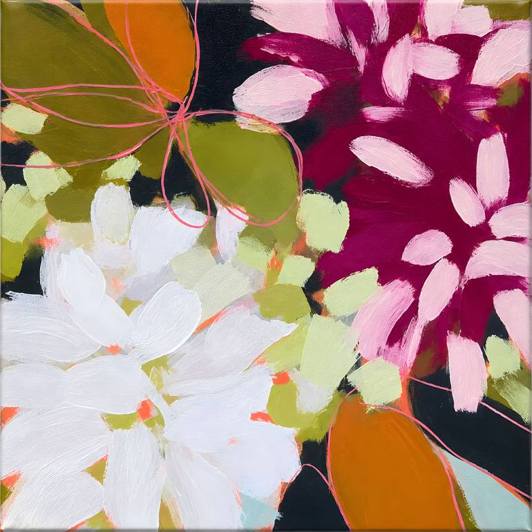 Original Floral Painting by Valentyna Kniazieva | Abstract Art on Canvas | Laughing Flowers #3, pink white flowers square abstraction