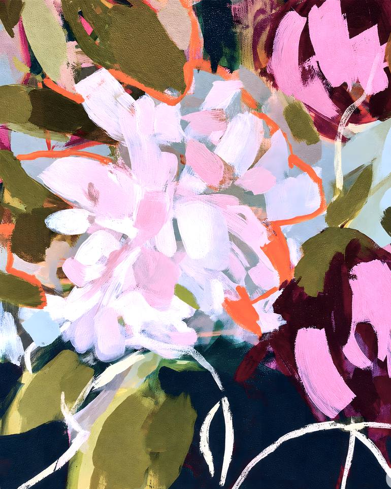 Original Floral Painting by Valentyna Kniazieva | Abstract Art on Canvas | Laughing Flowers #6, pink white pink flowers abstraction